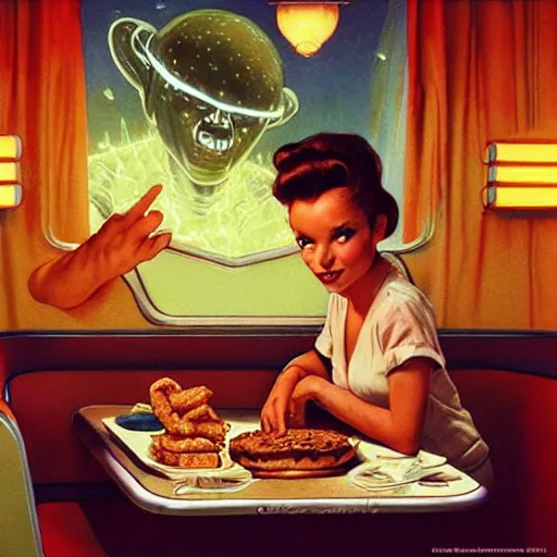 Image similar to beautiful cute alien, eating a cheeseburger, at a 5 0 s diner, painted by norman rockwell, greg rutkowski, john howe, wlop, artgerm