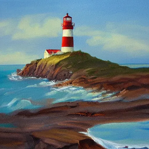 Image similar to painting of a coastal landscape with a lighthouse, by Aleksander Rostov