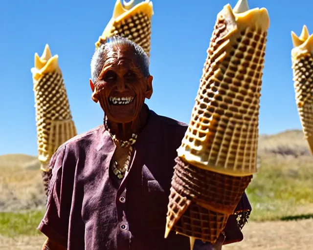 Image similar to wise zule elder has a sharp line of teeth. the zule tribal warrior like ice cream cones. sunny scene in southern california.