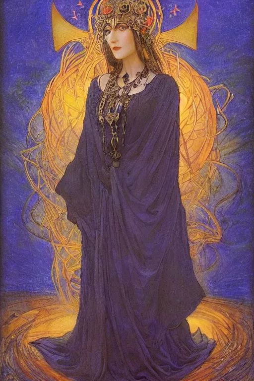 Prompt: queen of the night with her lantern and regalia, by Annie Swynnerton and Nicholas Roerich and jean delville, dramatic cinematic lighting , ornate headdress , flowing robes, lost civilizations, extremely detailed