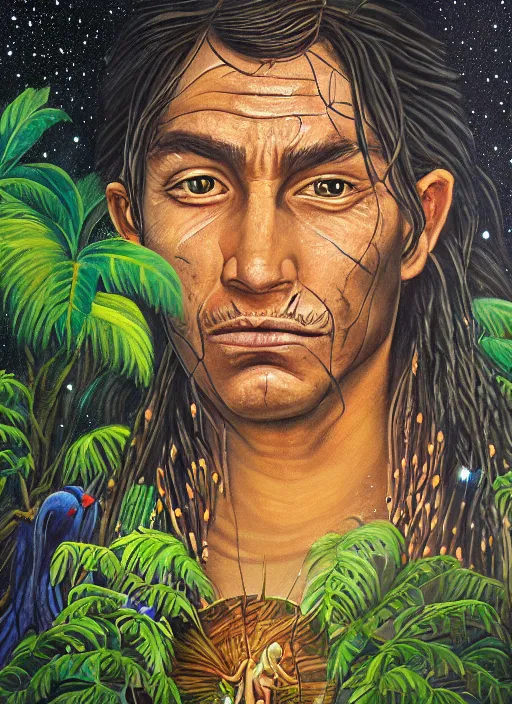 Prompt: a beautiful painting of an amazonian male shaman healer sitting in the jungle, doing a prayer, ayahuasca, high detail painting, fantasy art, highly detailed, realistic face, starry sky with full moon, canopee