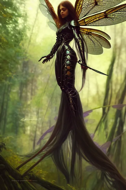 Image similar to photo of a humanoid dragonfly hybrid were a heroic dress an armour with dragonfly wings in the forest, long hair, highly detailed, digital painting, artstation, smooth, sharp focus, illustration, art by artgerm and greg rutkowski and alphonse mucha