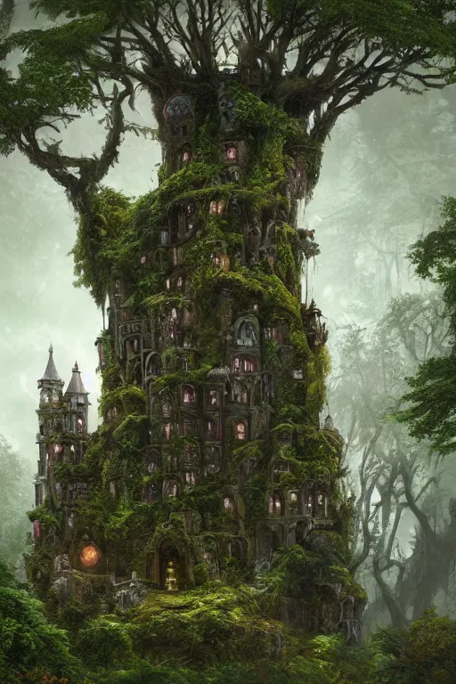 Prompt: fairy palace-castle, towers, gnarly trees, lush vegetation, forrest, landscape, raphael lacoste, eddie mendoza, alex ross, concept art, matte painting, highly detailed, rule of thirds, dynamic lighting, cinematic, detailed, denoised, centerd