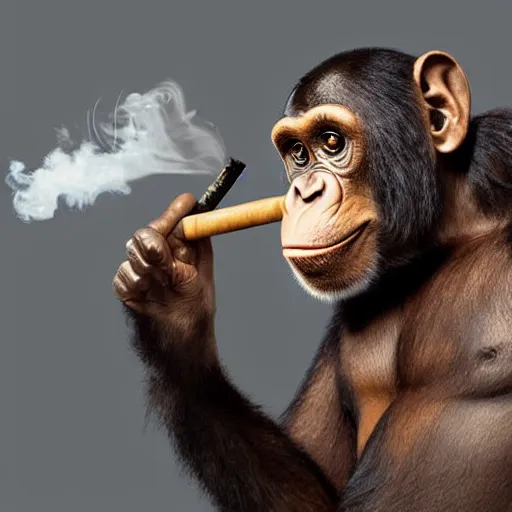 Image similar to a high detail photo of an antropomorphic chimp wearing a suit smoking a cigarrette, subject= chimp, subject detail: wearing a suit, subject action: smoking a cigarrette photorealism