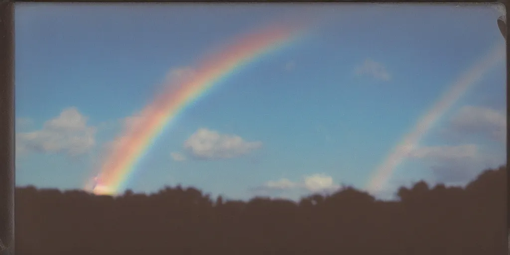 Prompt: polaroid photo of a single rainbow in the sky, clouds in the background, light blue sky, slight color bleed from the rainbow