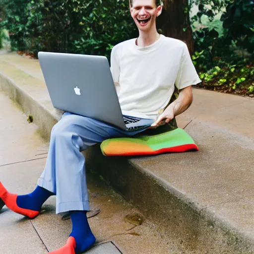 Image similar to tall pale skinny caucasian man with curly blonde hair with mismatching socks and capri pants holding laptop computer and laughing