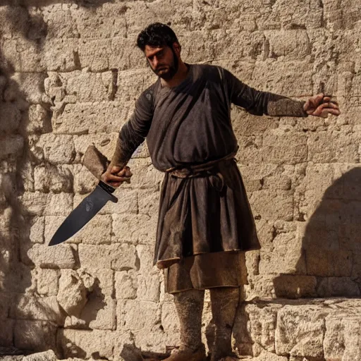 Image similar to award winning cinematic still of 40 year old Mediterranean skinned man in Ancient Canaanite clothing fixing a crumbled wall in Jerusalem, holding a sword and a chisel, dramatic lighting, strong shadows, directed by Ridley Scott