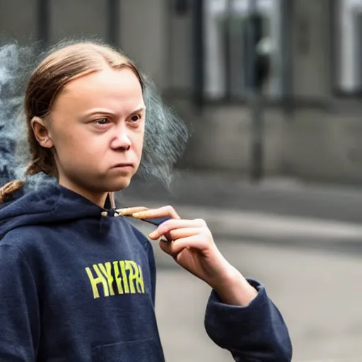 Image similar to hyper - realistic studio photograph of greta thunberg smoking a cigarette