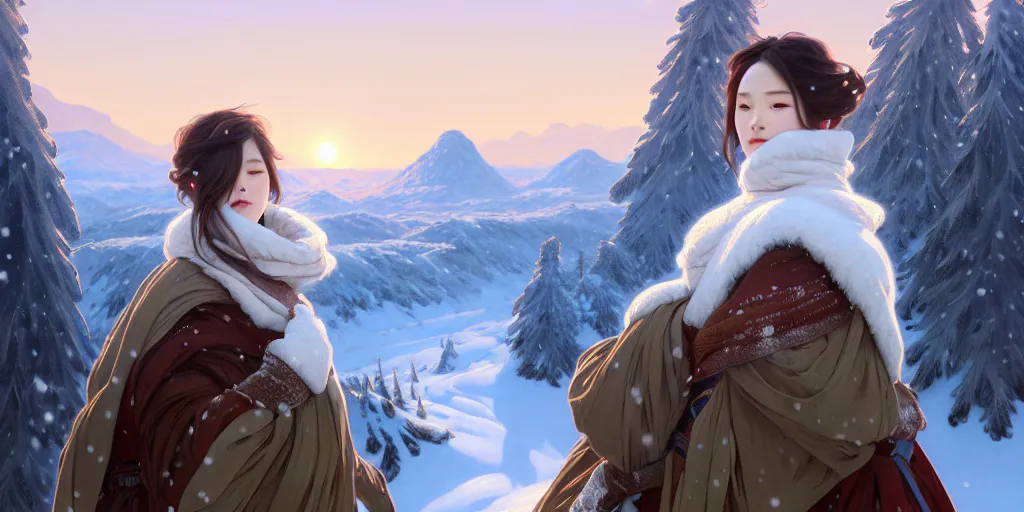 Image similar to beautiful digital painting of a hoyeon jung stylish female snow - covered mountains with high detail, real life skin, freckles, 8 k, stunning detail, works by artgerm, greg rutkowski and alphonse mucha, unreal engine 5, 4 k uhd