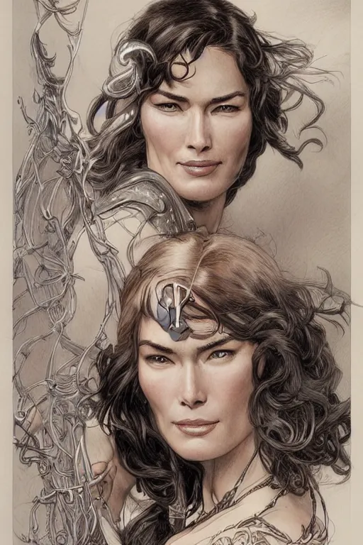 Image similar to stunning cowgirl who looks like lena headey, detailed full body portrait by james gurney and artgerm and Mucha, amazing detail, intricate, stunning inking lines, 4K, character design, concept art