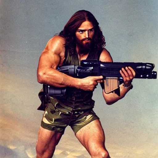 Image similar to jesus rambo with heavy machinegun