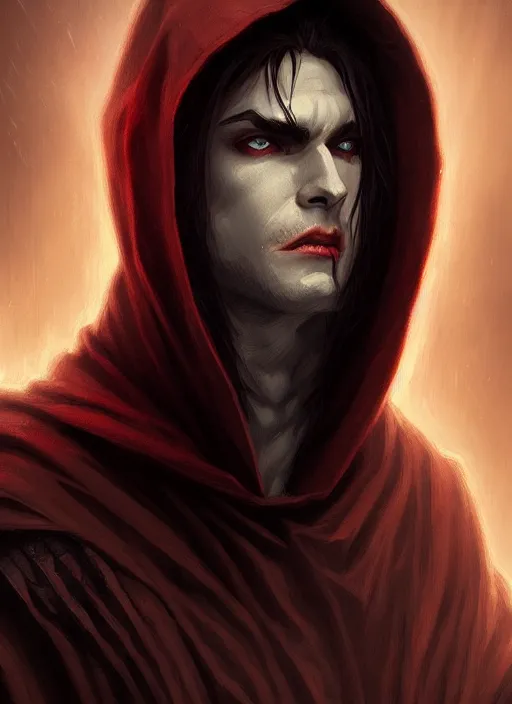 Prompt: hooded male vampire, deep focus, d & d, fantasy, intricate, elegant, highly detailed, digital painting, artstation, concept art, matte, sharp focus, illustration, hearthstone, art by artgerm and greg rutkowski and alphonse mucha