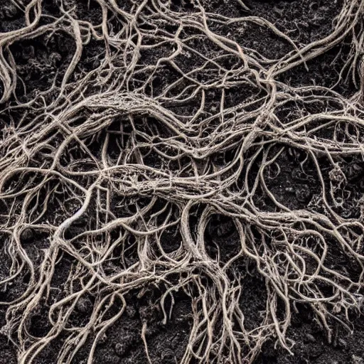 Image similar to photograph of pitch black, tar - like roots with lots of tendrils spreading everywhere, intricate detail, goopy, deep black roots, infestation