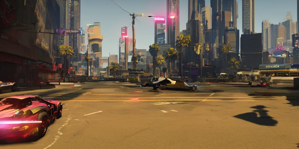 Image similar to screenshot of a game, as if GTAV and Cyberpunk 2077 are the same game, taken at the ground level.