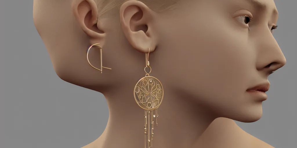 Image similar to earring design, jewelry design, wood, nordic, art deco, intricate, elegant, material, product design, trending on artstation, cgsociety, photo realistic, design by ziva cph and isabel lennse and kalevala, 8 k, unreal engine, c 4 d