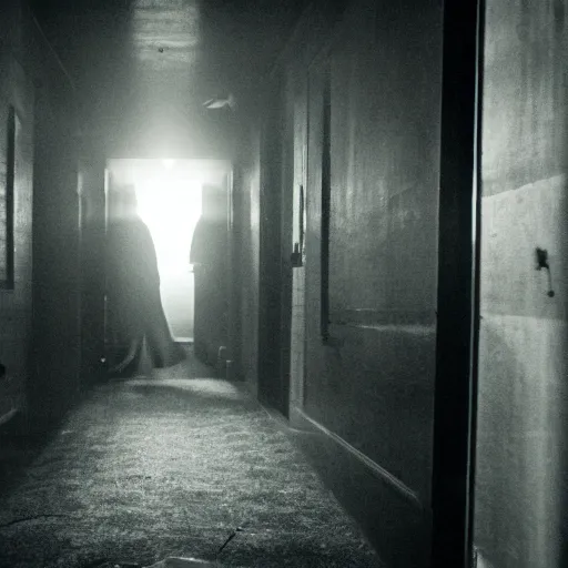 Prompt: A monster is standing in a dimly lit hallway, terrifying visuals, horror elements, dark ambiance.