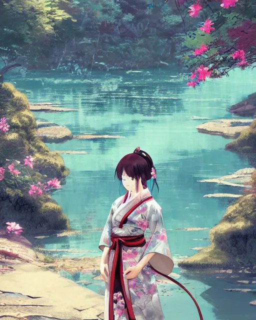 Prompt: an anime landscape of a girl wearing a kimono, near the river in a japanese summer festival from skyrim, by stanley artgerm lau, wlop, rossdraws, james jean, andrei riabovitchev, marc simonetti, and sakimichan, trending on artstation