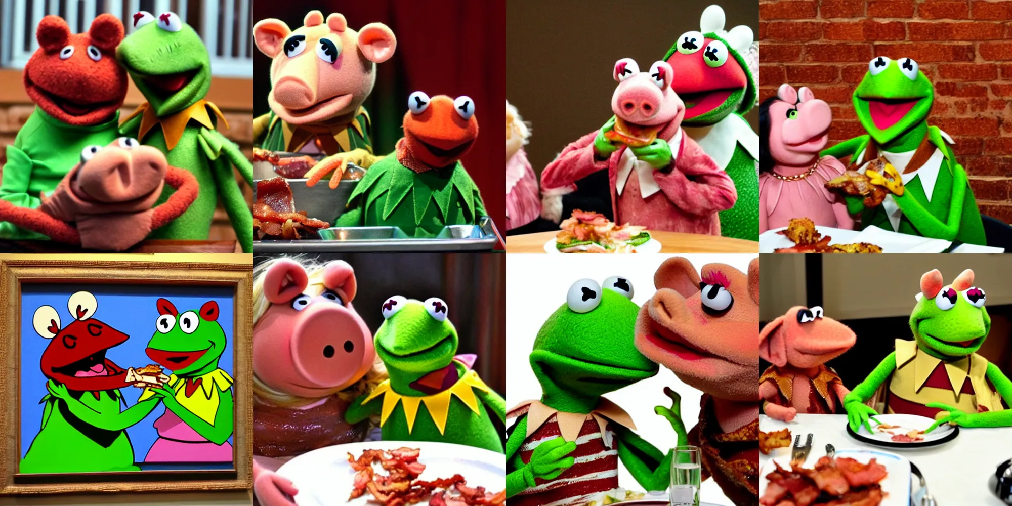 Prompt: kermit the frog eating bacon while ms. piggy watches