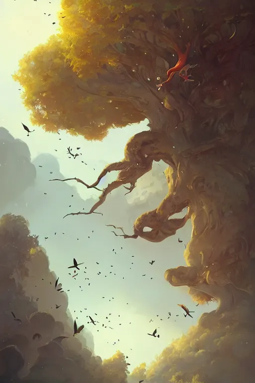 Prompt: a painting of a tree with birds flying around it, a storybook illustration by peter mohrbacher, cgsociety contest winner, fantasy art, artstation hq, detailed painting, behance hd