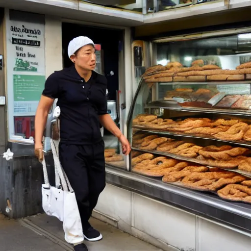 Prompt: Yujiro Hanma going to the bakery to buy apple fritters