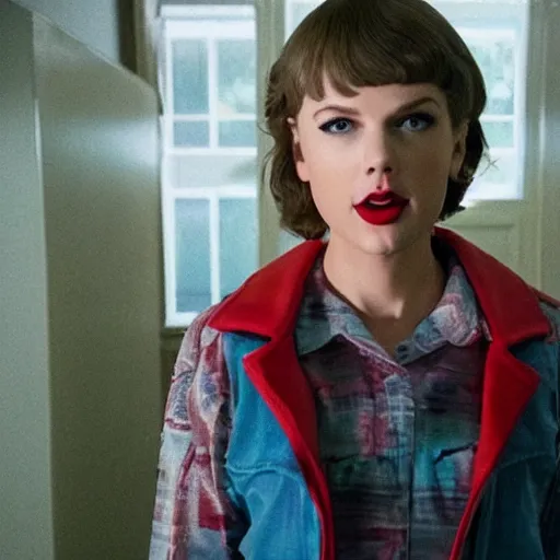 Image similar to still from Stranger Things season 6 - Taylor Swift in makeup evil queen Brunhilda