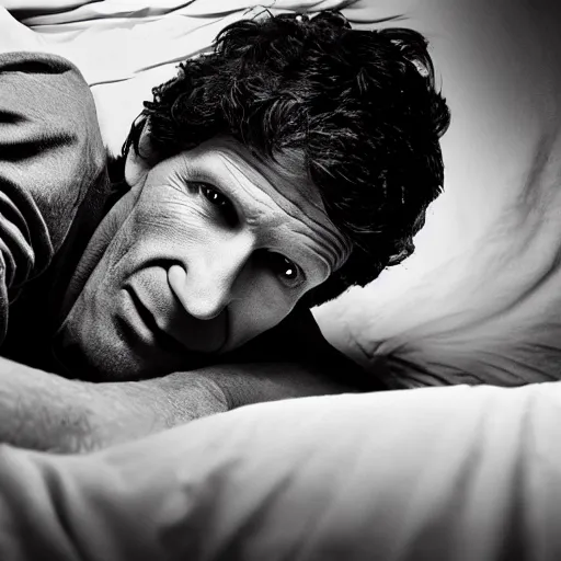 Image similar to A photograph of Todd Howard looking out from under a bed, 4K UHD, high quality, low light, funny