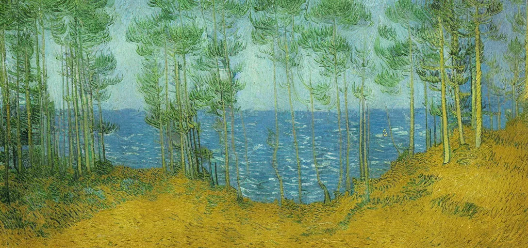 Prompt: “ ethereal, a pine forest growing on water surface, background of flowery hill, bokeh, beautiful shadows, soft, dreamy, beach sand viable in corner, realistic oil painting by van gogh, gustave dore, volumetric lighting, concept art. ”