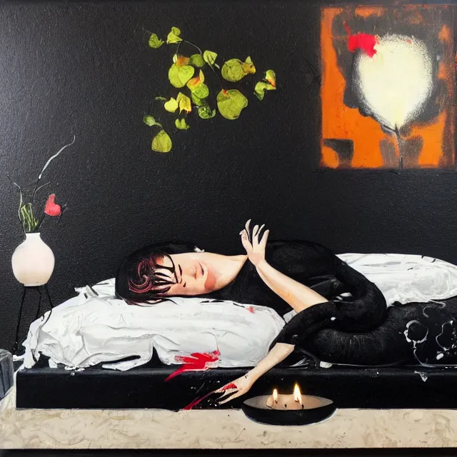 Image similar to bedroom with black walls and a futon, sensual portrait of a woman sleeping, cracked handmade pottery vase, candles, white flowers on the floor, puddle of water, octopus, squashed berries, neo - expressionism, surrealism, acrylic and spray paint and oilstick on canvas