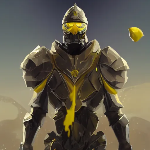 Image similar to A lemon full body portrait wearing dark matter armor standing on a hill, dynamic lighting, photorealistic concept art, stunning visuals, creative, trending on art station, ultra detailed