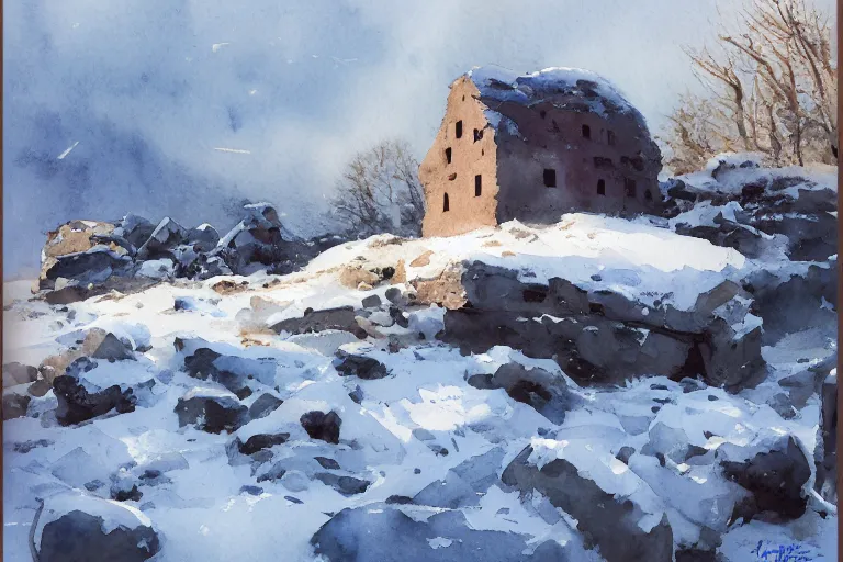 Image similar to small centered on watercolor paper, paint brush strokes, abstract watercolor painting of ancient viking house ruins in snow, daylight, blue sky, cinematic light, national romanticism by hans dahl, by jesper ejsing, by anders zorn, by greg rutkowski, by greg manchess, by tyler edlin