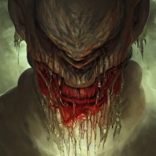 Image similar to Dark Fantasy Painting of a hulking muscular demonic flesh creature with drool dripping from its mouth, creepy, unsettling, horror, upper body, intricate, wild, highly detailed, digital painting, artstation, concept art, smooth, sharp focus, illustration, art by artgerm and greg rutkowski and alphonse mucha