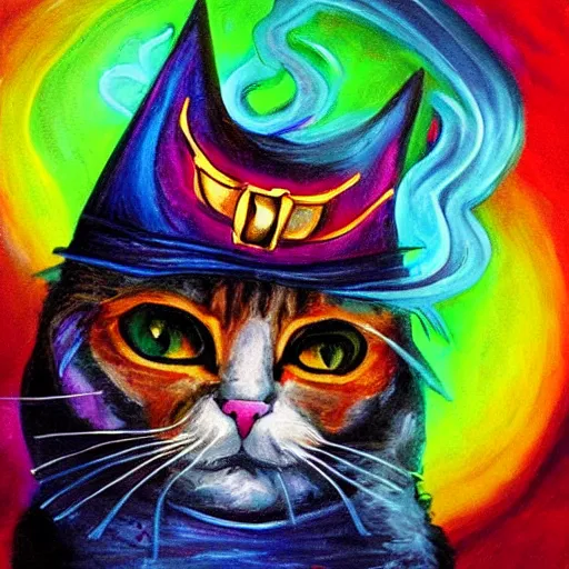 Image similar to wizard cat, painting, dramatic, luminescent, colorful, smoke, mighty