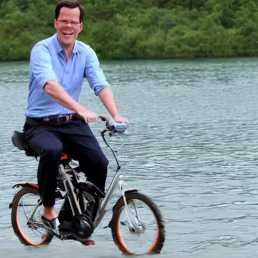 Prompt: mark rutte riding bicycle on water