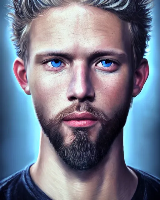 Prompt: portrait of a man in his mid - twenties with dull blue eyes, curly blond hair, short goatee, ultra realistic, epic, highly detailed, hd, sharp focus, cinematic lighting, realistic, dreamy, vivid colors, dreary, morose, matt painting, digital art, non blurry, sharp, artstation, concept art, smooth, illustration