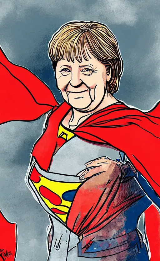 Image similar to illustration of angela merkel as superwoman by katsuhiro