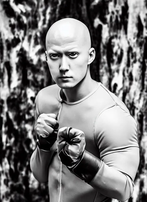 Image similar to A full portrait photo of real-life saitama one punch man, f/22, 35mm, 2700K, lighting, perfect faces, award winning photography.