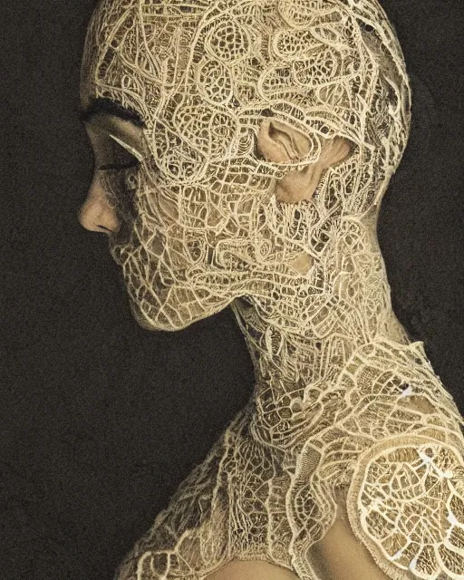 Image similar to a woman's face in profile, made of intricate lace leaf skeleton, in the style of the dutch masters and gregory crewdson, dark and moody