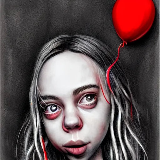 Image similar to surrealism grunge cartoon sketch of billie eilish with a wide smile and a red balloon by - michael karcz, loony toons style, horror theme, detailed, elegant, intricate