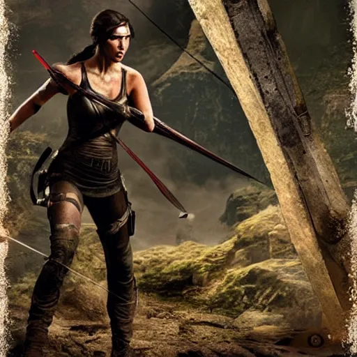 Image similar to Gal Gadot as Tomb Raider aiming a bow. Girl power. Movie poster art.