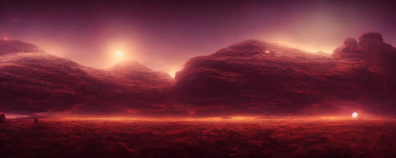 Image similar to ” barren landscape at night, [ cosmic, cinematic, detailed, epic, widescreen, opening, establishing, mattepainting, photorealistic, realistic textures, octane render, art by wlop and paul lehr ] ”