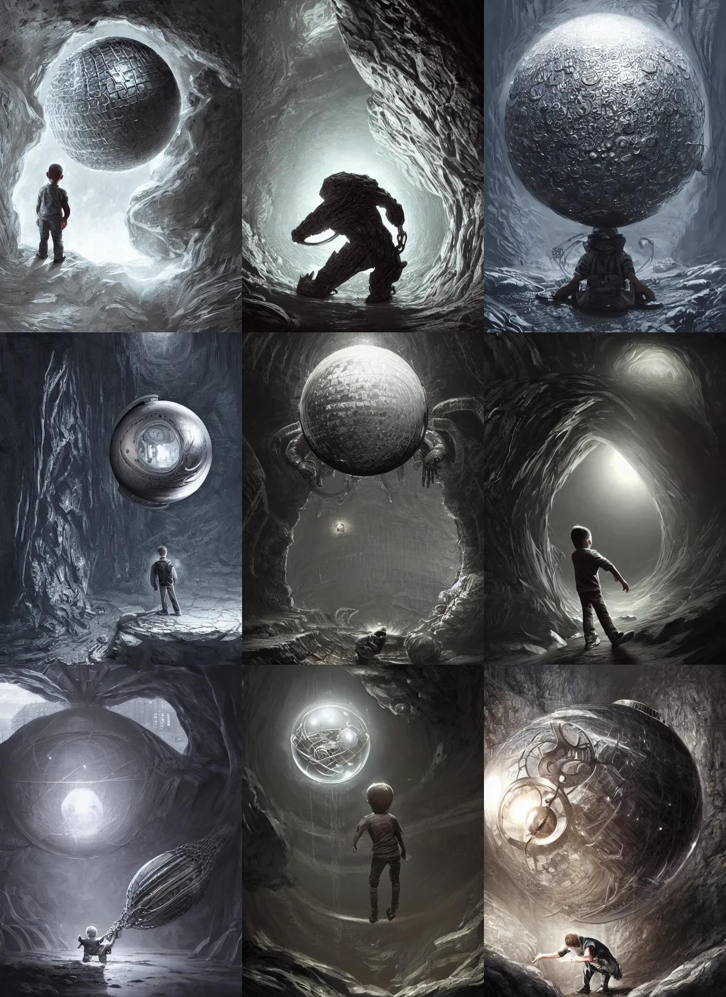 Prompt: boy discovering steel silver sphere in dark cave, intricate, elegant, highly detailed, digital painting, artstation, concept art, smooth, sharp focus, illustration, giger, daren bader, aleksi briclot