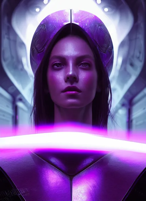 Image similar to top down lighting, extreme close up, stunning portrait of a woman in purple leather future armor with a long black ponytail, purple eyes, glowing with void energy, spaceship hallway, intricate, harsh red lighting, highly detailed, digital painting, artstation, concept art, smooth, sharp focus, illustration, art by wlop, mars ravelo and greg rutkowski