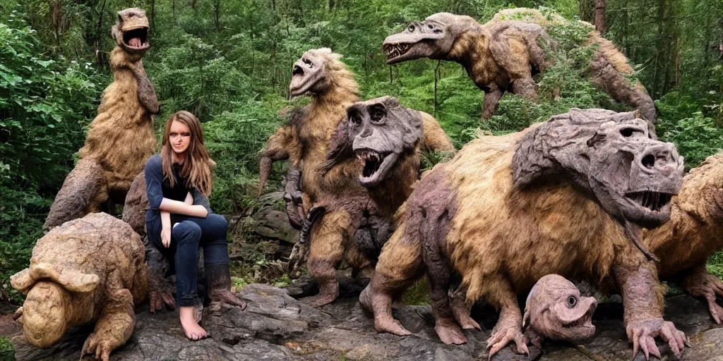 Image similar to photo, three hairy fat cave people, emma!! watson!!, looking at camera, surrounded by dinosaurs!, gigantic forest trees, sitting on rocks, bright moon, birthday cake on the ground, front view