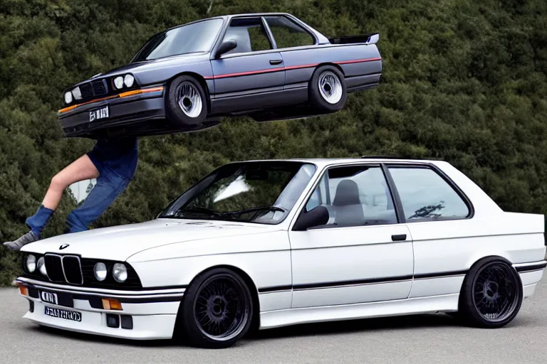 Image similar to Angry Jason Statham lifts BMW e30 that sits above him