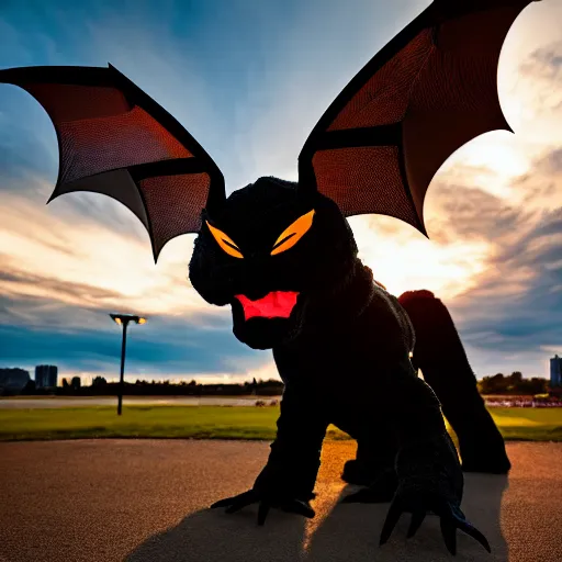 Prompt: photograph of a black dragon fursuiter at a furry convention in the city, outdoors during sunset, studio photography, f/1.8 cinematic lens