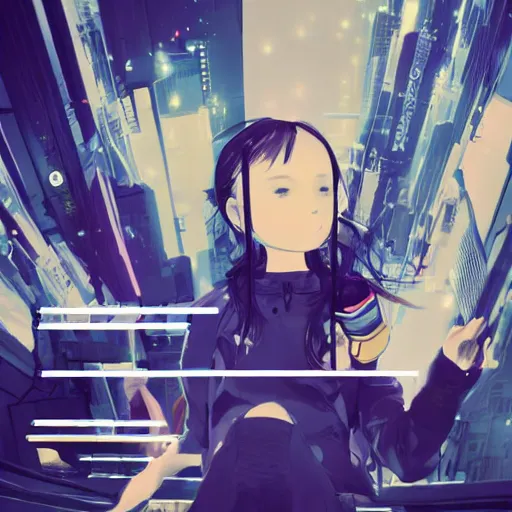 Image similar to Frequency indie album cover, luxury advertisement, blue filter, blue and black colors. Clean and detailed post-cyberpunk sci-fi close-up schoolgirl in asian city in style of cytus and deemo, blue flame, relaxing, calm and mysterious vibes, by Tsutomu Nihei, by Yoshitoshi ABe, by Ilya Kuvshinov, by Greg Tocchini, nier:automata, set in half-life 2, Matrix, GITS, Blade Runner, Neotokyo Source, Syndicate(2012), dynamic composition, beautiful with eerie vibes, very inspirational, very stylish, with gradients, surrealistic, dystopia, postapocalyptic vibes, depth of field, mist, rich cinematic atmosphere, perfect digital art, mystical journey in strange world, beautiful dramatic dark moody tones and studio lighting, shadows, bastion game, arthouse