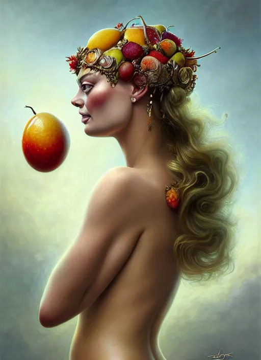 Image similar to margot robbie as an goddess of fruits, aesthetic, fine art, intricate, elegant, highly detailed, realistic hair, centered, digital painting, art station, conceptual art, soft, sharp focus, illustration, artwork, artgerm, tomasz alen kopera, peter mohrbacher, donato giancola, wlop, boris vallejo