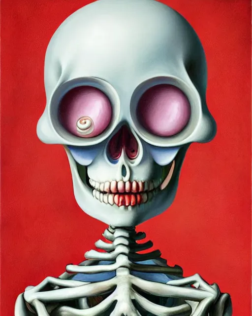 Prompt: a surrealistic head and shoulder painting of a gorgeous female skeleton with cat eyeballs and lipstick, in the style of rene magritte and mark ryden, digital art, detailed masterpiece