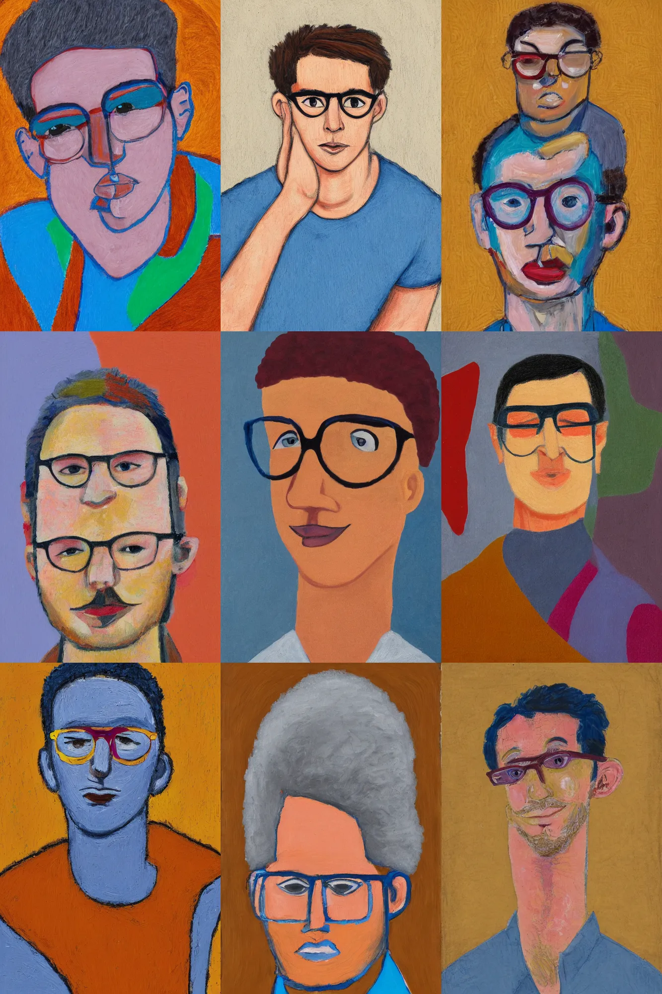 Prompt: A colorful, vivid, vibrant portrait en buste of a man in his twenties, soft round features, oval face, warm skin tone, narrow tired blue grey eyes, wearing small round glasses, small ears, thin lips, short length straight dark blond hair, kind smile, wearing a textured ochre cotton dress shirt rolled at the elbows, fauvisme, art du XIXe siècle, figurative oil on canvas by André Derain, Albert Marquet, Auguste Herbin, Louis Valtat, Musée d'Orsay catalogue