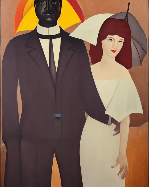 Image similar to a painting of a man and a woman holding an umbrella, an art deco painting by Grant Wood, featured on behance, american scene painting, movie poster, poster art, concert poster